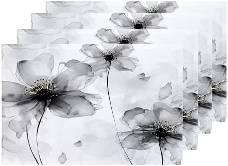 Shrahala Flowers Petals Placemats, Beautiful Black White Flowers Table Mat Linen Burlap Washable Double-Deck Heat Insulation for Dining Table Kitchen Table Set of 4 (12 x 18 inch)