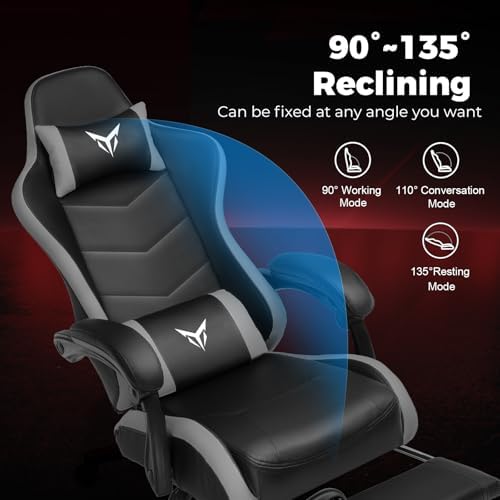 GTPLAYER Gaming Chair with Footrest, Video Game Chairs Racing Style PC Game Chairs 350lbs for Adults - Padded High Back Ergonomic Reclining Silla Gamer, Linkage Armrest, Grey