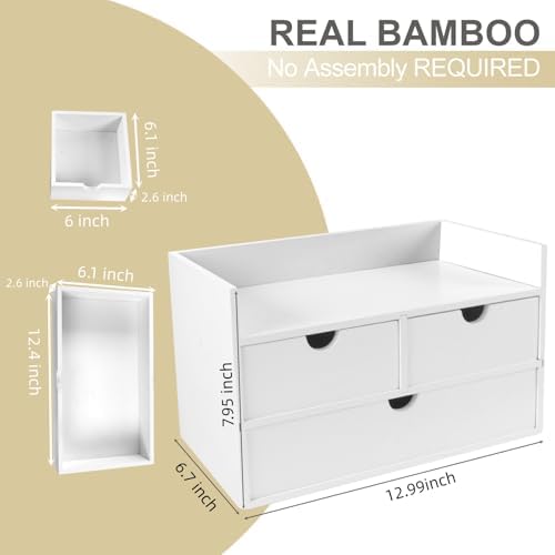 Charmewooden Bamboo Desk Organizer 3 Drawer with Shelf, Countertop Organizer with Drawers Makeup Storage Drawer 3 Drawers Tabletop Storage Organization Box Home Office Workspace（White）