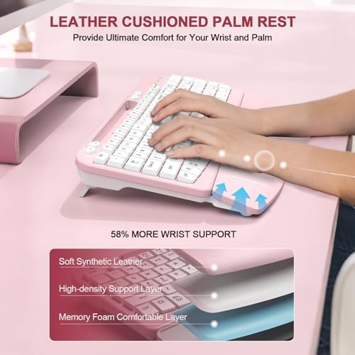 EAYBLLY 2.4G Wireless Ergonomic Keyboard, Full Size Wave Keys with Memory Foam Wrist Rest & 7.28in Phone Holder, USB-C Adapter Included for Windows Mac Chrome OS, Office or Home (Pink)