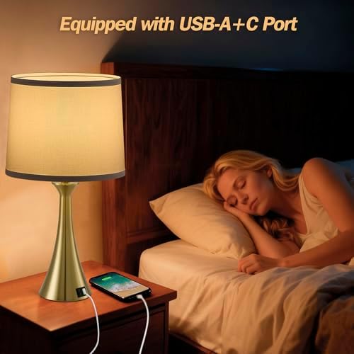 Touch Table Lamps Set of 2, 21" Bedside Lamps with USB C+A