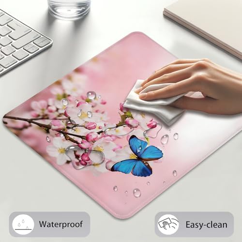 Pink Cherry Blossom & Blue Butterfly Mouse Pad, Japanese Sakura Desk Mat