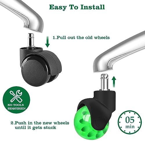 Office Chair Wheels Replacement 2 Inch Rubber Ball Caster Wheels for Wood Floor Carpet Mats, Set of 5, Heavy Duty Desk & Gaming Chair Casters 7/16" (11mm) Grip Ring Stem, Quiet Smooth Rolling (Green)