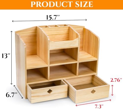 Wooden Desk Organizer with Drawers, 10 Compartments