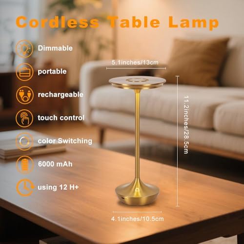LED Cordless Table Lamp Rechargeable,Portable 6000mAh Battery Outdoor Bedside Table Lamps,3 Color Stepless Dimming Touch Battery Powered Lamp, Table Light for Restaurant/Patio/Camping/Bedroom(Gold)