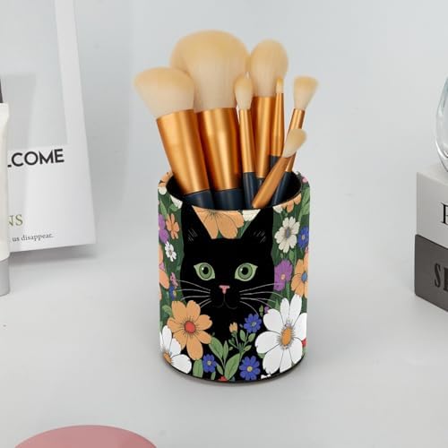 Cat Flower Pen Holder Pencil Organizer Cute Pencil Cup Desk Decor Makeup Brush Holder PU Multifunctional Office Supplies for Home Classroom School