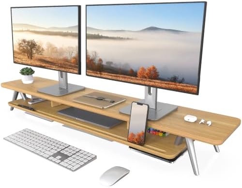 Fenge Dual Monitor Stand Riser, Wooden Desk Shelf with 2-Tier Storage