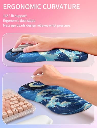 Hokafenle 2in1 Combination, Wave Keyboard Wrist Rest and Ergonomic Curvature Mouse Pad Wrist Support for Relieve Wrist Pain, Filled with Soft Cushion Memory Foam, Crescent Waves