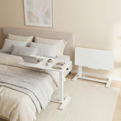 DUMOS Overbed Table with Wheels, Height-Adjustable Bedside Table, White
