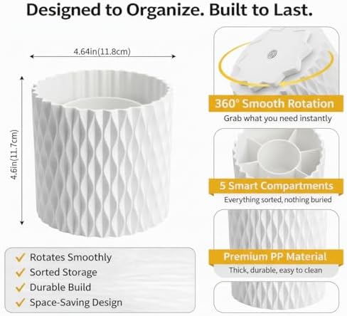 White Pen Holder for Desk, 360° Rotating Pencil Organizer, 5 Slots