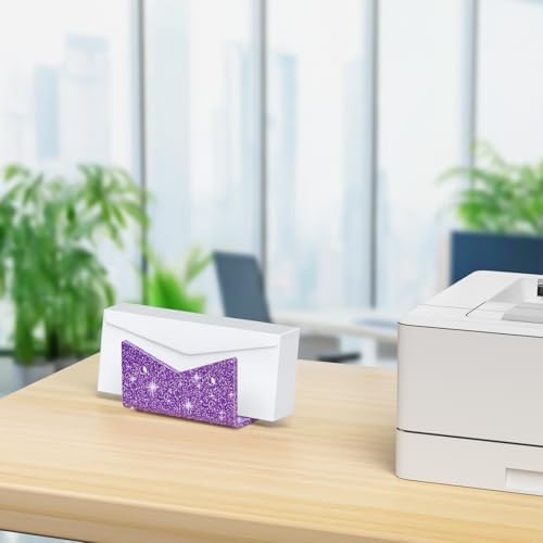Mail Organizer Envelope Holder - Glitter Purple Acrylic Mail Holder Countertop Vertical Desk Organizer Small File Bill Document Notebook Letter Sorter for Home School Office Supplies