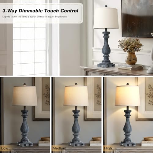 Cinkeda 29" Tall Farmhouse Table Lamp for Living Room Set of 2,Vintage Retro Nightstand Lamps with USB C+A Ports & AC Outlet,3-Way Dimmable Touch Bedside Lamp for Bedroom Side Table,Distressed Black