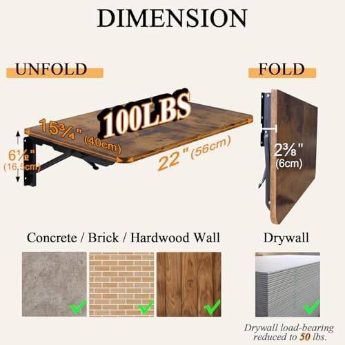 TEAMIX Wall Mounted Folding Table for Small Spaces, Rustic Floating Desk