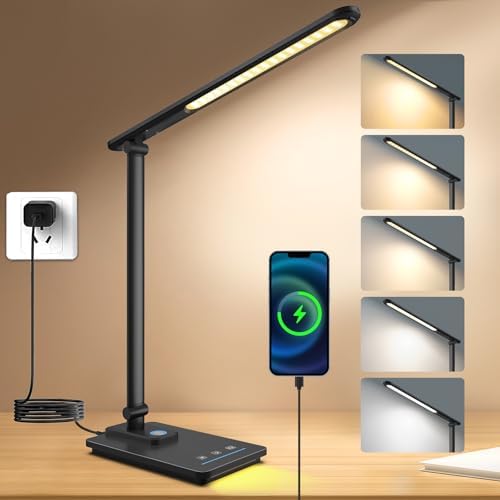 LED Desk Lamp for Home Office, USB Charging Port, Reading Desk Light with 5 Color Temperatures, Stepless Dimming, Table Lamp with Timer, Night Light, Foldable Desk Lamp for College Dorm Room (Black)
