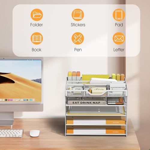 5 Tier Paper Letter Tray Desk Organizer with Pen Holders - White