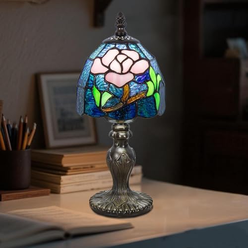 Small Tiffany Table Lamp, 3 Color-Temperature Roses Stained Glass Lamp,6 Inch Tiffany Style Lamp for Bedroom Living Room Home, Handcrafted Light, Included Bulb (Blue)