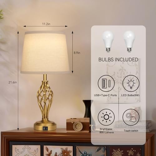 Ruiever Touch Table Lamps Set of 2, nightstand lamp with USB Ports Bedside 3 Way Touch dimmer Desk lamp for Living Room Bedroom,Gold Plated Spiral cage Base Design Warm White dimmer Bulbs Included.