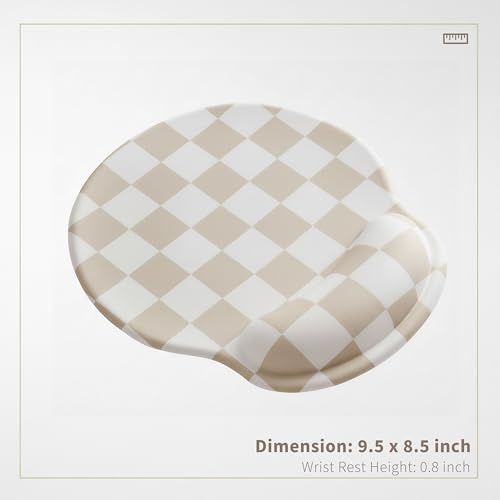 Ohocut Beige White Checkered Mouse Pad with Gel Wrist Rest, Wrist Support, Ergonomic Desk Accessories for Women, Office Laptop Gaming Decor, Cute Aesthetic Check Design