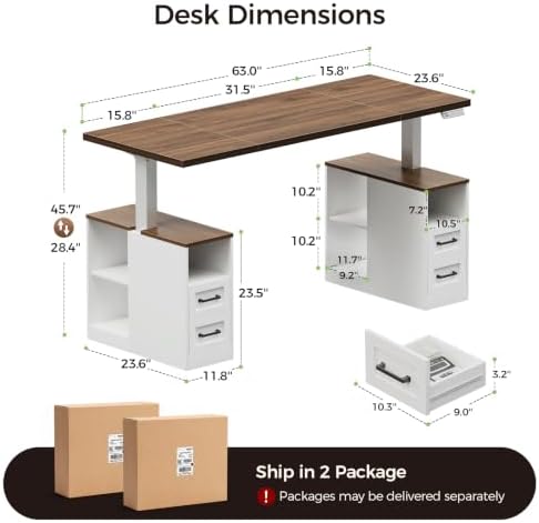 OffiGo 63 Inch Farmhouse Standing Desk with Storage Drawers, Walnut White