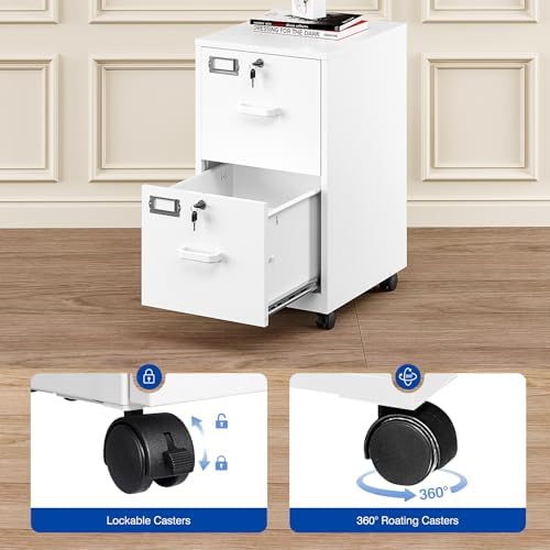 BYNSOE 2 Drawers File Cabinet with Lock Metal Vertical File Cabient with Wheels Mobile File Cabinet for Office Home Legal/Letter/a4 Size Require Assembly