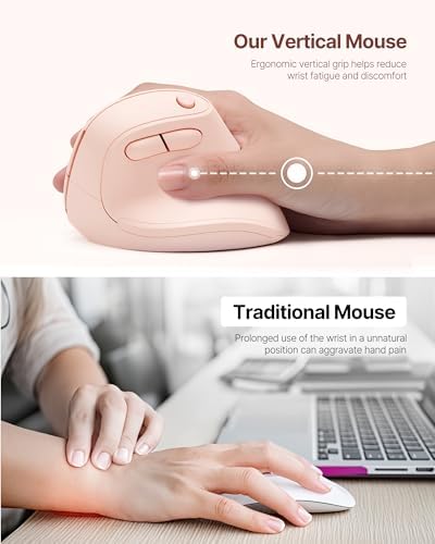 Ergonomic Mouse, USB+Bluetooth Dual Connection, Wireless Vertical Mouse for Reducing Wrist Pain, 1000/1600/2400 DPI, Ergo Mouse with Quiet Click for Windows Mac OS PC Computer Laptop, Pink