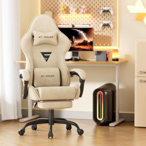 Soontrans Beige Velvet Gaming Chair with Footrest, Ergonomic Reclining Computer Desk Chair, Massage Lumbar Cushion & Headrest, Comfortable Video Game Chair for Adults