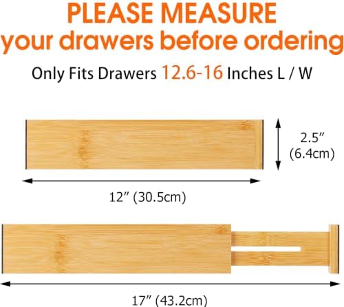 Bamboo Drawer Dividers, Adjustable Drawer Organizers, Fits 12.6–16" Drawers