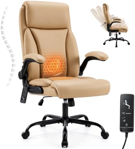 Heated Office Chair, Reclining Desk Chair with Constant Warm Heat, Big and Tall Executive PU Leather Chairs for Heavy People, Ergonomic Wider & Thicker Seat Cushion Gaming Chairs (Khaki)