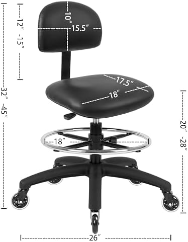 FSS Series Square seat (20"-28") seat Height Chair. Vinyl-for Office, Garage, Desk, Shop, Computer, Doctor, Medical, Easy to Clean! 18" Footring (Black, Mid Stool, Rubber Roller Casters)