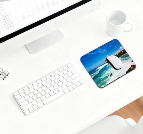 9.5x7.9 Inch Office/Gaming Mouse Pad, Ocean Lighthouse Tropical Island Turquoise Sea Waves Rocks Beach Seaside, Cute Anti-Slip Mat for Desk Decor