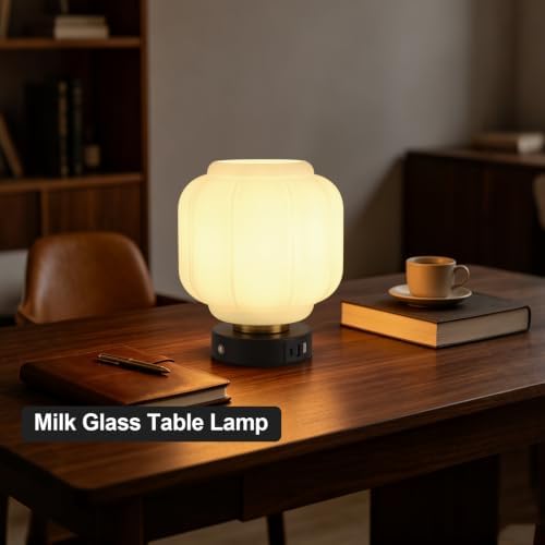 Rechargeable Table Lamp, Cordless Milk Glass Bedside Lamp Small