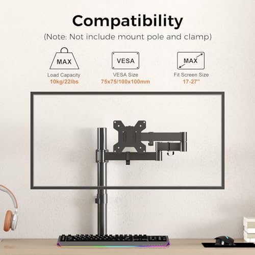 suptek Single Monitor Arm, Universal 3 Tier Arm Fully Adjustable Pole Mount Bracket Monitor Mounting for 13 to 27 inch Screen, Weight up to 22lbs, Mounting Holes 75x75mm to 100x100mm,Black