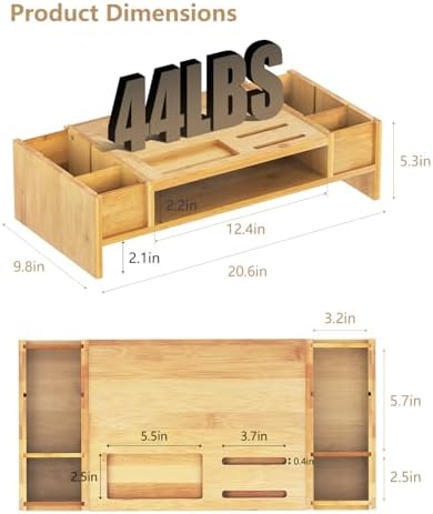Ufine Bamboo Monitor Stand with Storage Compartments Small Desk Organizer