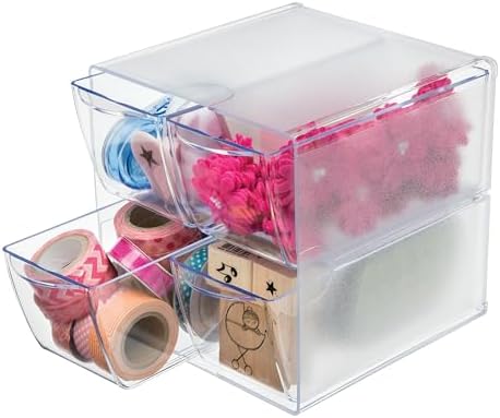 Deflecto Stackable Cube Organizer, Desk and Craft Organizer, 4 Drawers, Clear, Removable Drawers and Dividers, 6"W x 6"H x 7 1/8"D (350301CR)