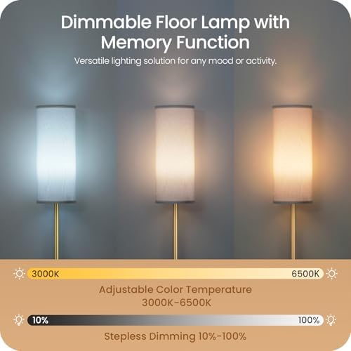 Dimmable Floor Lamp for Living Room with Remote and Foot Switch, Corner Floor Lamp, 64.4'' Standing Tall Lamp, 10W 900LM LED Bulb Included, 3000K-6500K, Linen Shade, Gold White, FCC Listed DCW06LD05W1