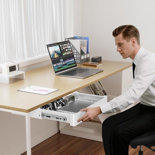 PUTORSEN Under Desk Storage Drawer 15.74" Wide - Smooth Slide Out Organizer for Standing Desk & Home Office,Max Load 17.6 lbs,Quiet Glide, White