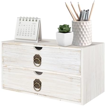 Wood Desk Organizer, White Wooden Desktop Organizer with Drawer, Tabletop Storage Organization Box for Countertop, Home Office Supplies, Bills (2 Drawer)