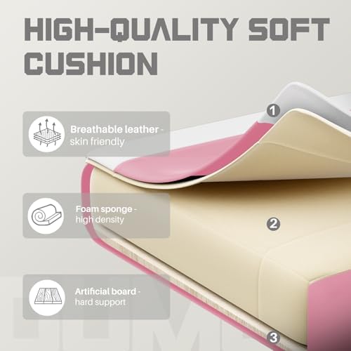 NEWBULIG Gaming Chair with Footrest – Ergonomic High-Back with Lumbar & Headrest Support, Comfy PU Leather Recliner with Linkage Armrests, Adjustable Height, 360° Swivel, Pink