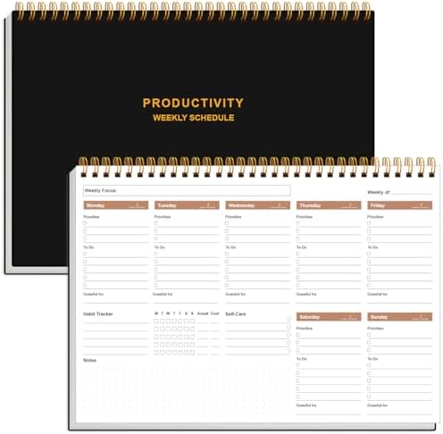 Weekly Productivity Planner - 8" x 11" Dashboard Desk Pad/Planner, Habit Tracker, Spiral Undated Weekly Planner for Office/School/Home, 54 Weeks, Black