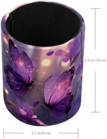 Leather Pen Holder for Desk, Purple Butterfly Pencil Cup Pen Organizer Makeup Brush Holder for Office Home Kids Countertop Desk Accessory Storage