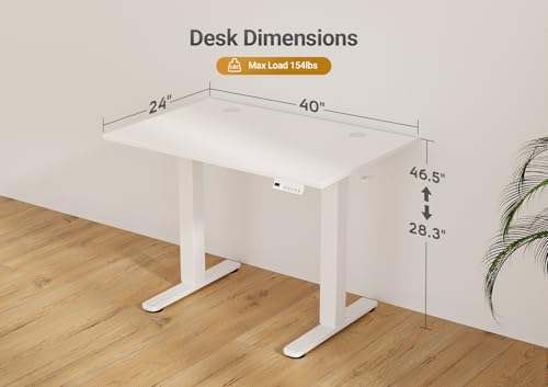 Seang Electric Standing Desk Adjustable Height, 40 x 24 Inch Sit Stand Desk with T-Shaped Frame, 3 Memory Presets & Cable Management for Home Office Computer Workstation, White Frame/White Top