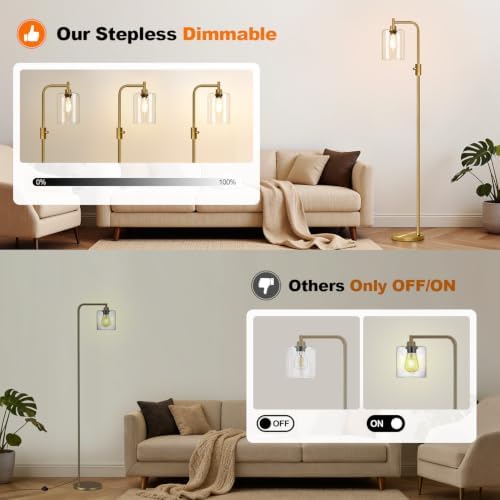 【Upgraded】 Dimmable Floor Lamp for Living Room with Clear Glass Lampshade, Brass Modern Glass Floor Lamp with 900LM LED Bulb Included, Arc Standing Tall Lamp for Bedroom, Office, Reading Room, Corner