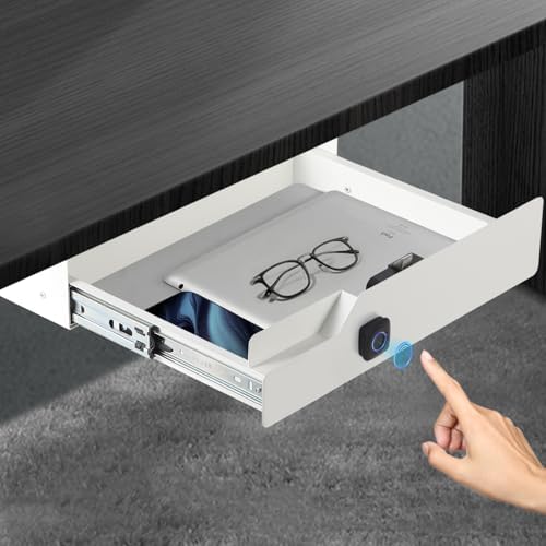 Under Desk Drawer with Biometric Fingerprint Lock, Metal Undermount Table Drawer, Slides out Tray Organizer for Paper, Pencil, and Laptop 16"x11.8"x3.6", White
