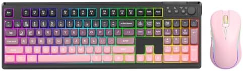 Wireless Keyboard and Mouse Combo, RGB Backlit Rechargeable 2000 mAh Battery, Wireless Computer Keyboards, Tri-Mode Bluetooth/2.4GHz/USB-C Custom Creamy Keyboard, RGB Backlit Media Knob (White-Pink)
