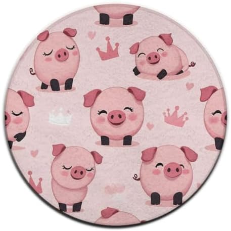 Soft Round Yoga Carpet, Large Home Decor Mat, Non Slip Machine Washable Kitchen Office Circle Rug Cute Pig Pink
