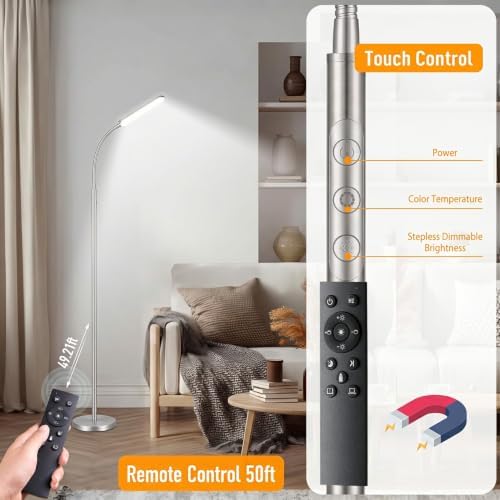 marctronic Silver Modern Floor Lamp, 18W 1800LM Bright LED, Touch Control & Memory Function, Dimmable Timing Eye-Caring Lamp for Office/Bedroom