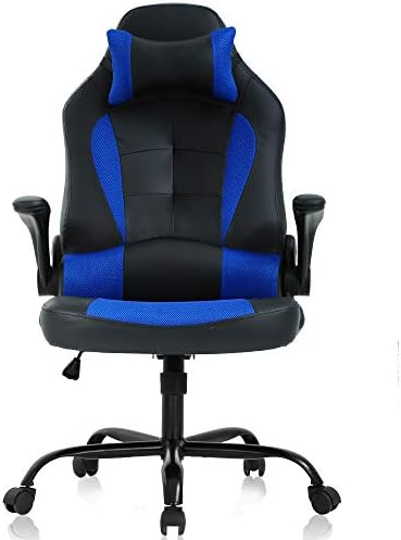 Blue Gaming Chair - Ergonomic High Back Office Desk Chair with Adjustable Lumbar Support, Flip-Up Arms & Headrest - PU Leather Computer Swivel Task Chair for Adults, Men & Women