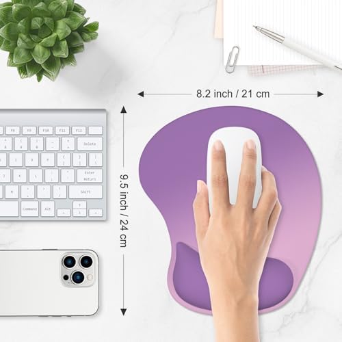 ITNRSIIET Ergonomic Mouse Pad, Cushioned Gel Wrist Rest, Non-Slip Base, Smooth Surface, Cute Multi-Color, 9.5 x 8.2 in, Purple Pink