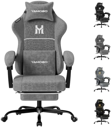 Gaming Chair with Footrest, Ergonomic Computer Chair with Lumbar & Headrest Support for Adults, High Back Office Desk Chair with 360°Swivel Wheels for Game and Work, Breathable Fabric，Grey