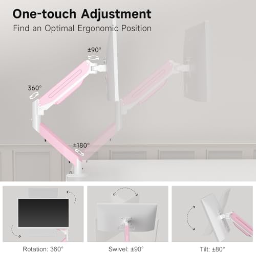 Suptek Monitor Mount Gas Spring Monitor Arm Desk Mount Fully Adjustable Fits 17 20 22 23 24 26 27 32 35 inch Monitors Weight Capacity up to 24.25 lbs, Pink